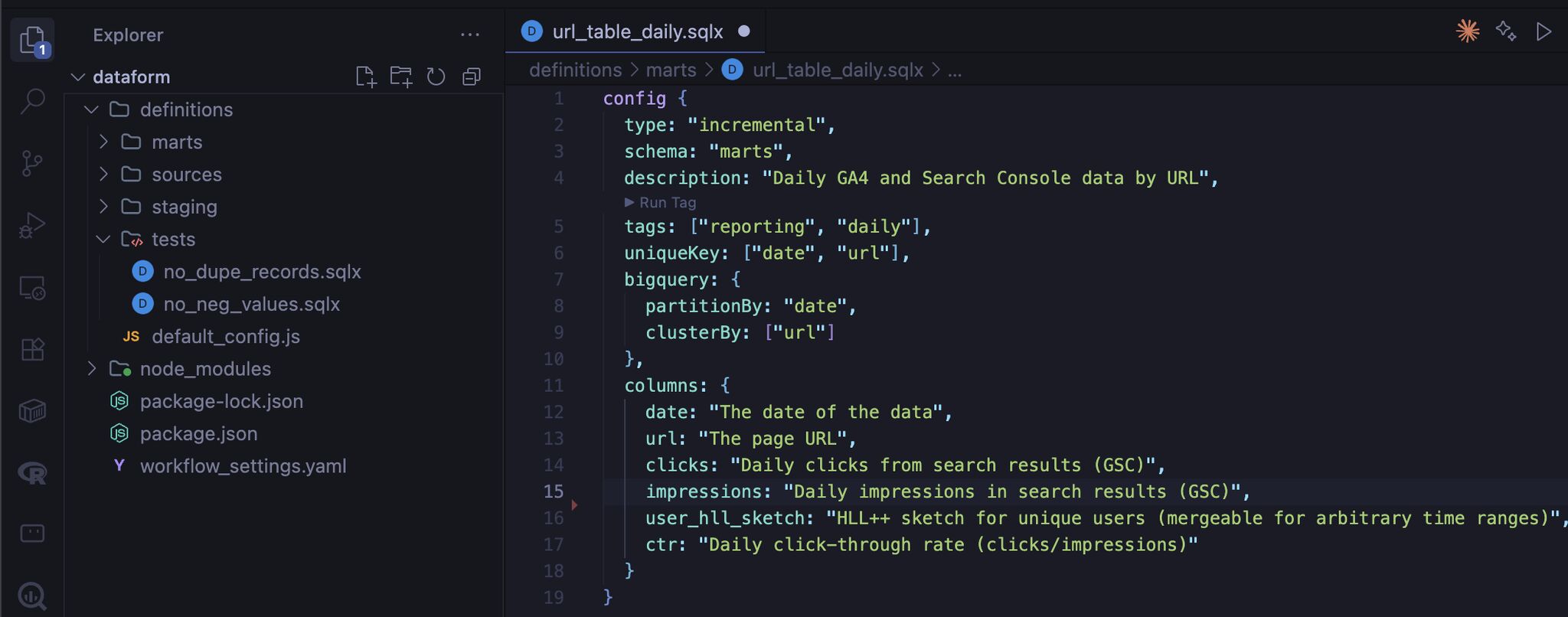 Dataform code from Antigravity